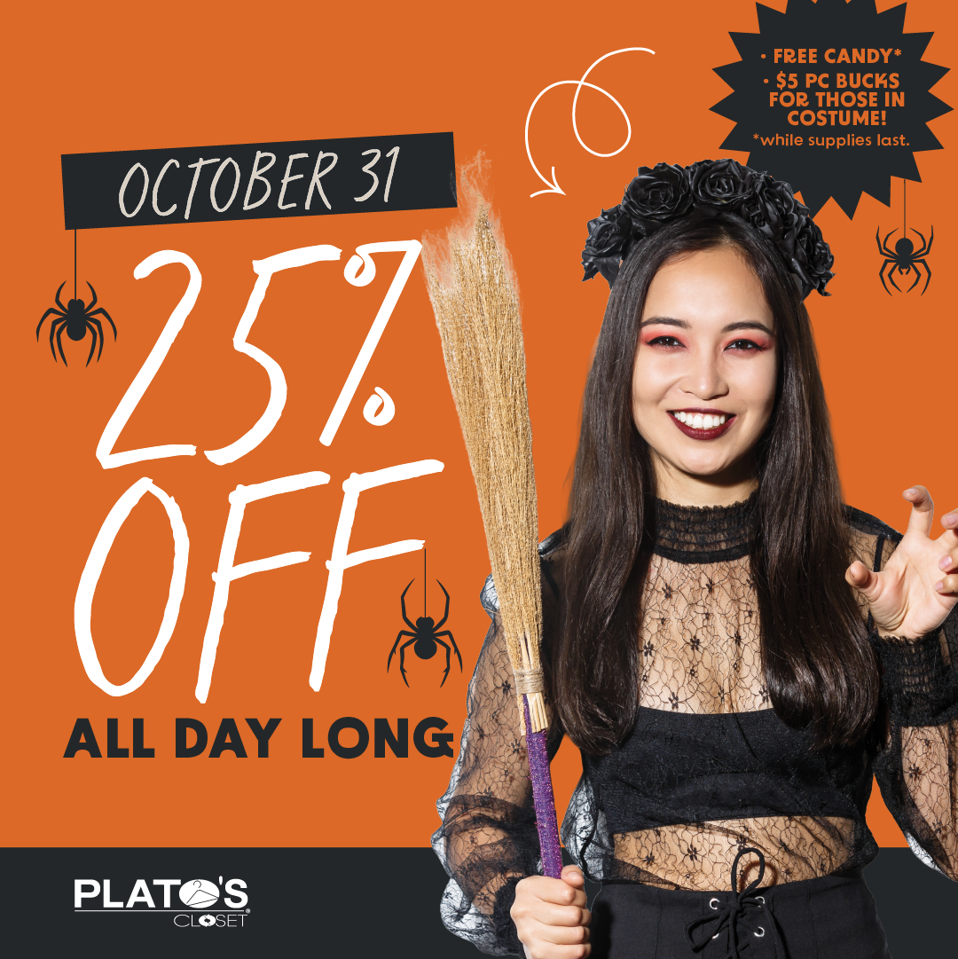 Shop all day long at 25% off at Plato's Closet in Flint Michigan by the Genesee Valley Mall + wear your costume in for $5 in-store credit and free candy!